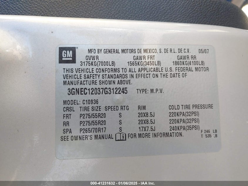 2007 CHEVROLET AVALANCHE 1500 VIN: 3GNEC12037G312245