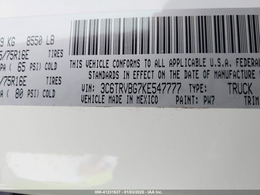 2019 RAM PROMASTER 1500 1500 HIGH - 3C6TRVBG7KE547777