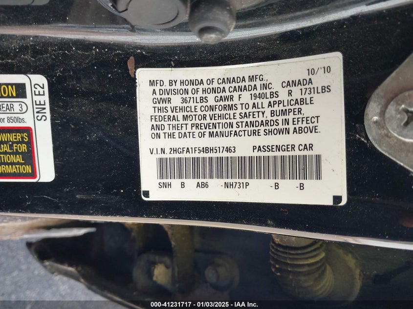 2011 HONDA CIVIC VIN: 2HGFA1F54BH517463