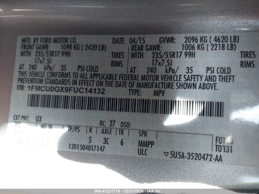 VIN 1FMCU0GX9FUC14132 2015 Ford Escape, SE no.9