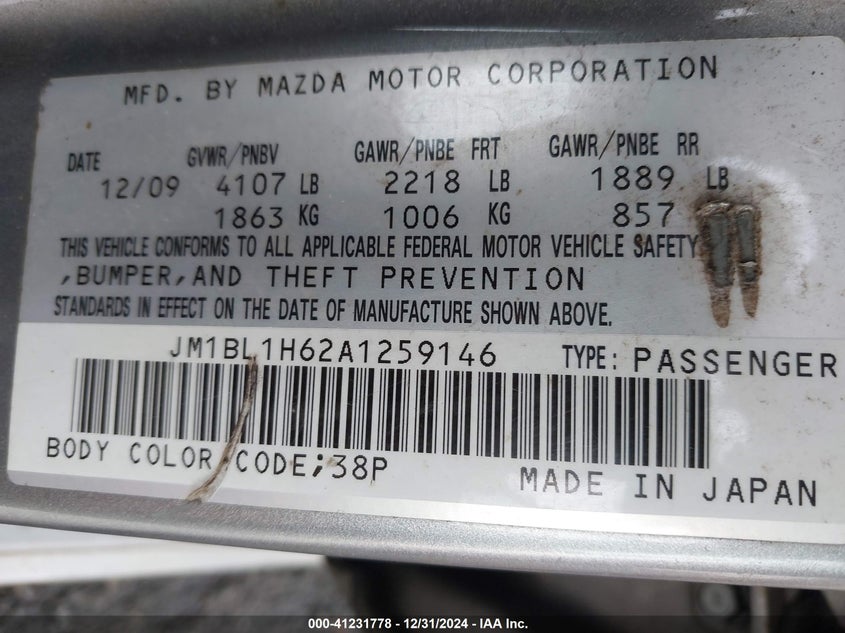 2010 MAZDA MAZDA3 VIN: JM1BL1H62A1259146