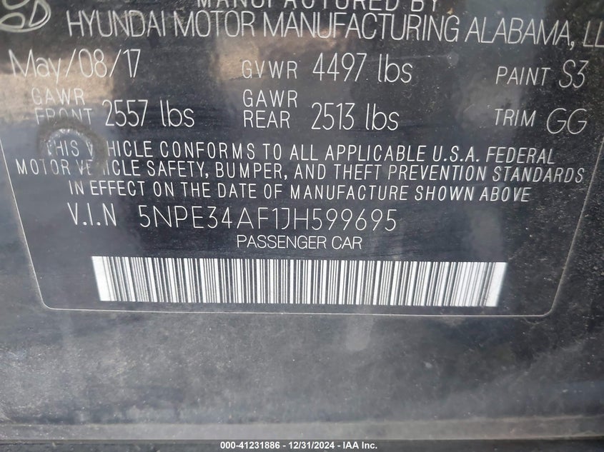 2018 HYUNDAI SONATA SEL - 5NPE34AF1JH599695