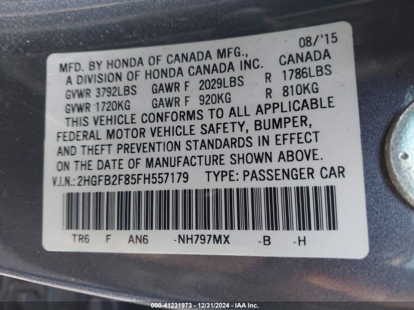 VIN 2HGFB2F85FH557179 2015 Honda Civic, EX no.9