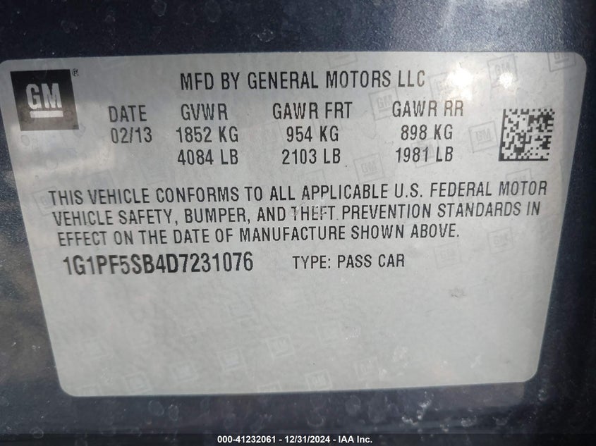 2013 CHEVROLET CRUZE VIN: 1G1PF5SB4D7231076
