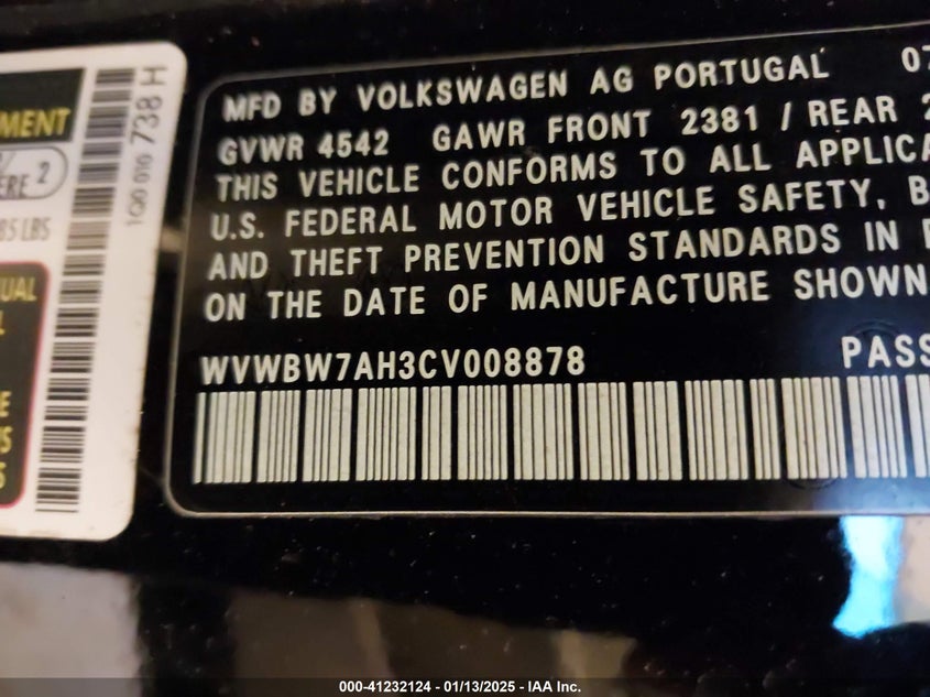 2012 VOLKSWAGEN EOS VIN: WVWBW7AH3CV008878
