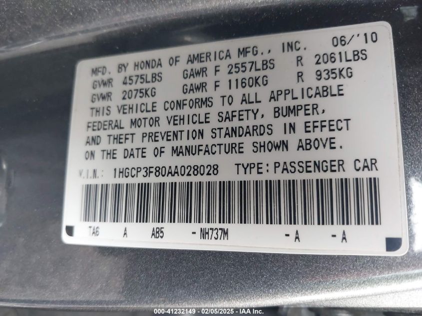 2010 Honda Accord 3.5 Ex-L VIN: 1HGCP3F80AA028028 Lot: 41232149