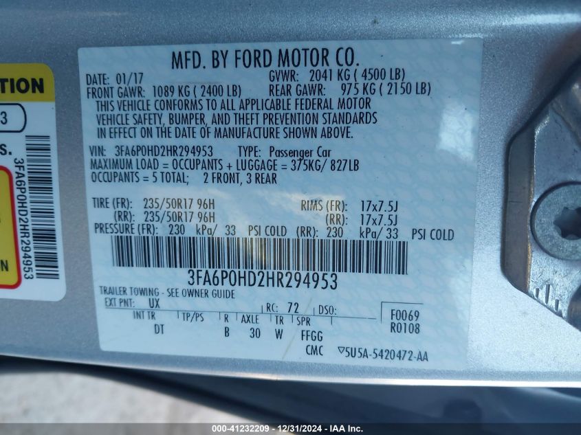 VIN 3FA6P0HD2HR294953 2017 Ford Fusion, SE no.9