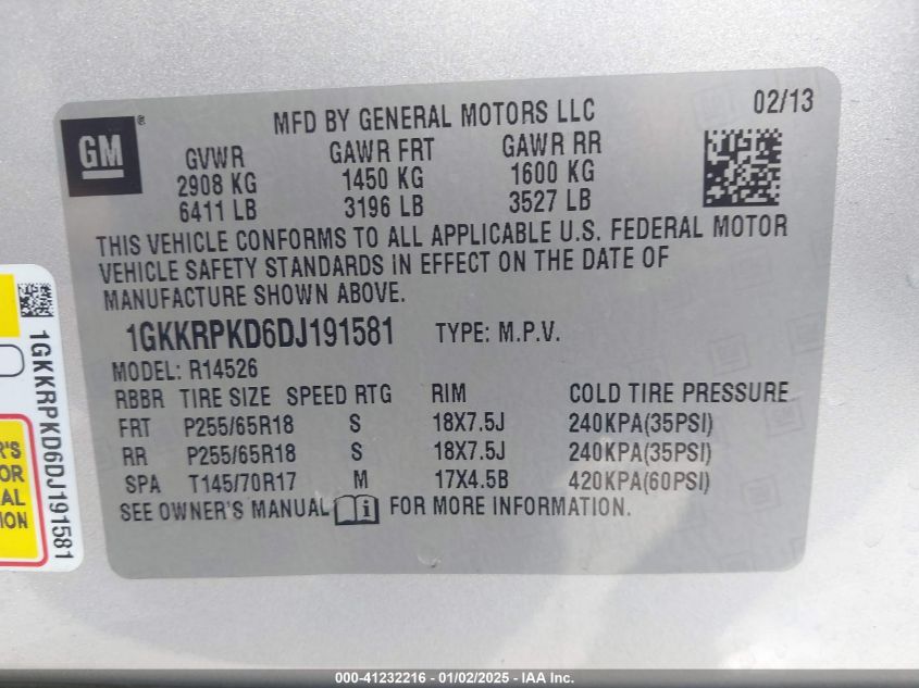 VIN 1GKKRPKD6DJ191581 2013 GMC Acadia, Sle-2 no.9