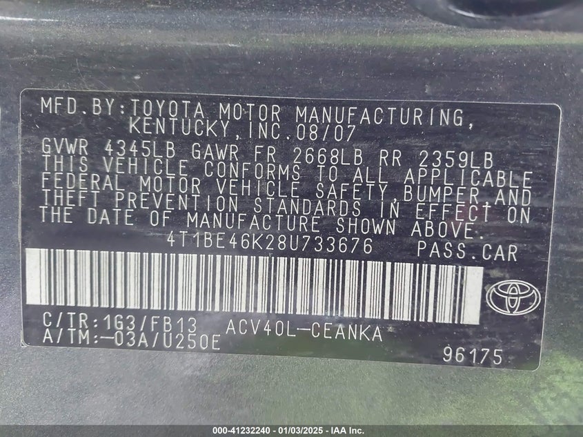 2008 TOYOTA CAMRY VIN: 4T1BE46K28U733676