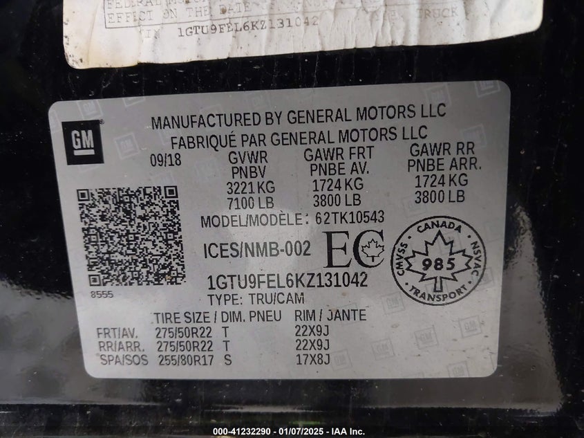 2019 GMC SIERRA VIN: 1GTU9FEL6KZ131042