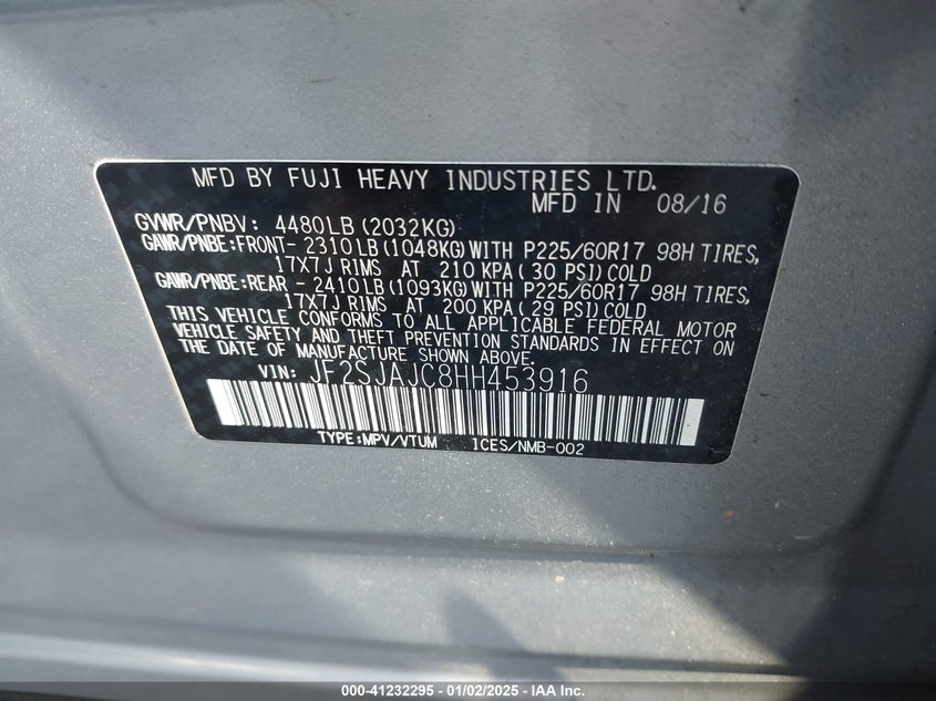 2017 SUBARU FORESTER 2.5I LIMITED - JF2SJAJC8HH453916