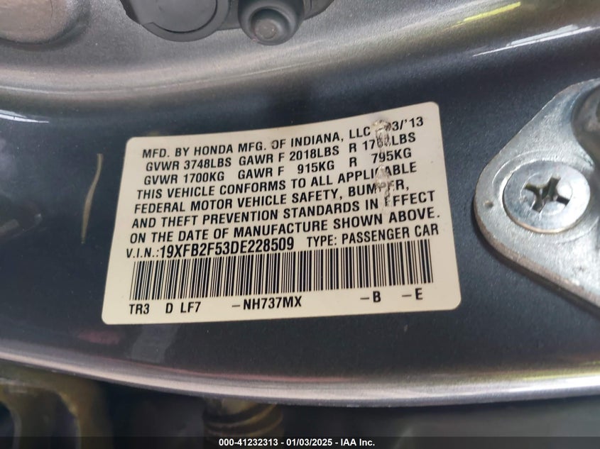2013 HONDA CIVIC VIN: 19XFB2F53DE228509