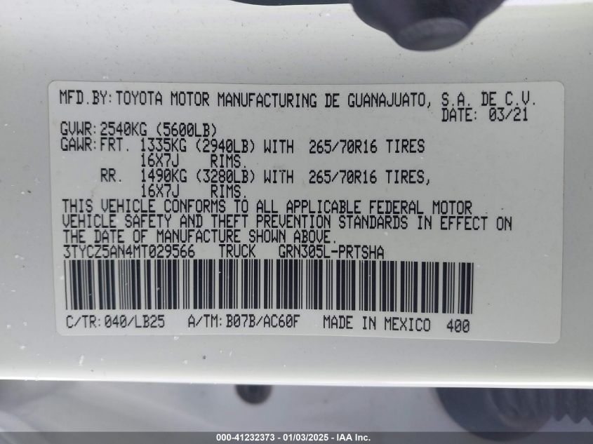 2021 Toyota Tacoma Trd Pro VIN: 3TYCZ5AN4MT029566 Lot: 41232373