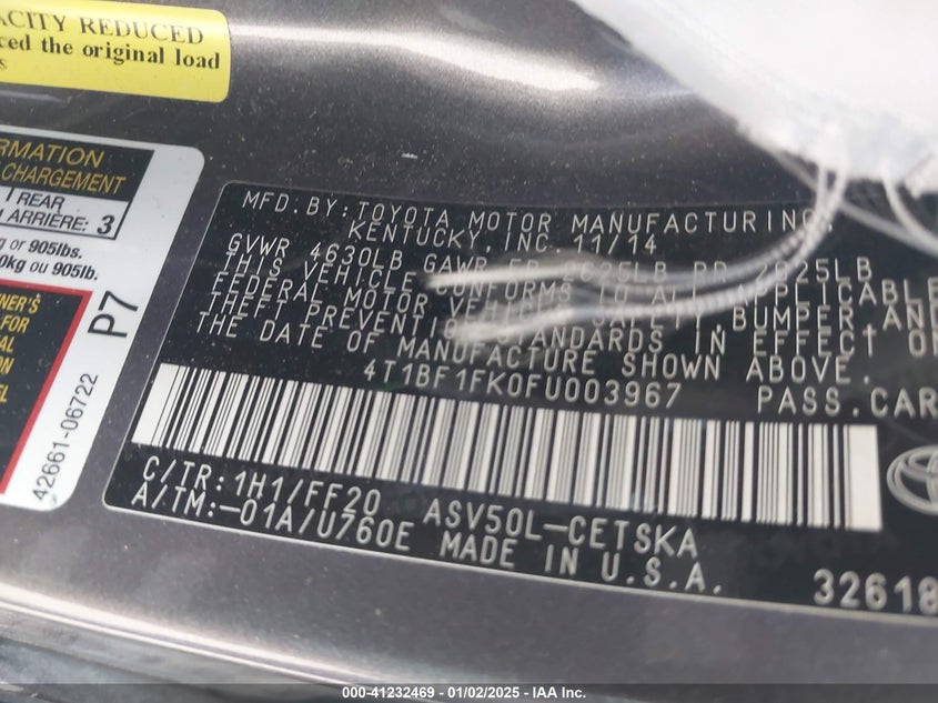2015 TOYOTA CAMRY VIN: 4T1BF1FK0FU003967