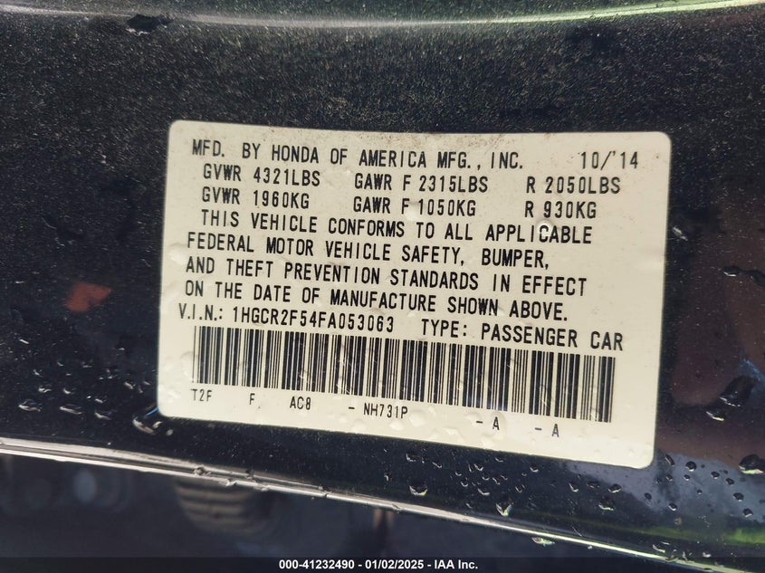 2015 HONDA ACCORD VIN: 1HGCR2F54FA053063