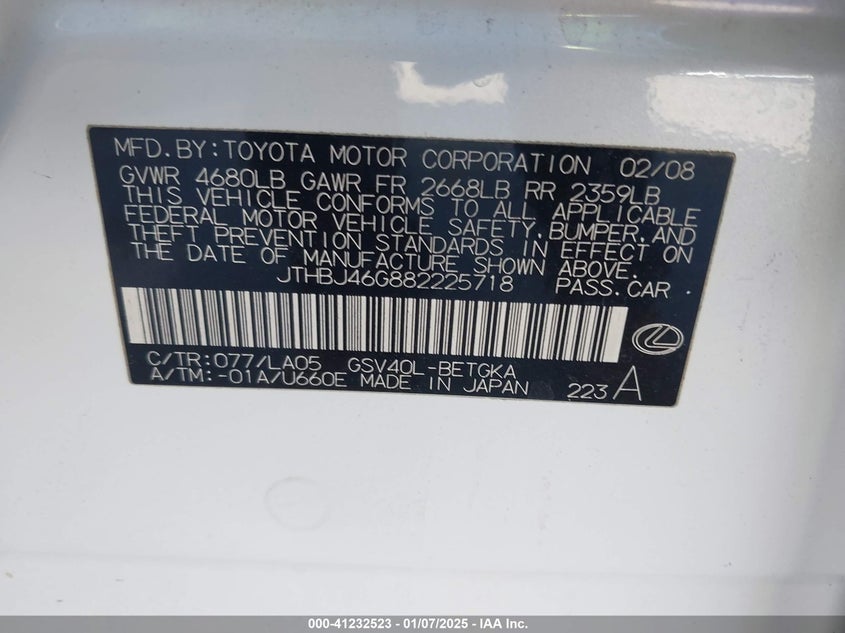 2008 LEXUS ES VIN: JTHBJ46G882225718