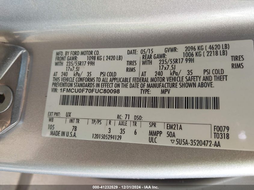 VIN 1FMCU0F70FUC80098 2015 Ford Escape, S no.9