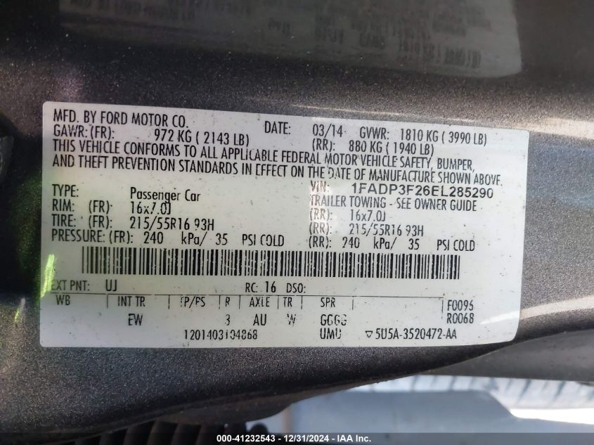 VIN 1FADP3F26EL285290 2014 Ford Focus, SE no.9