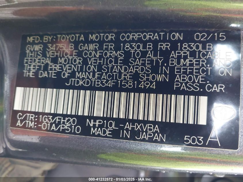 VIN JTDKDTB34F1581494 2015 Toyota Prius, C One no.9