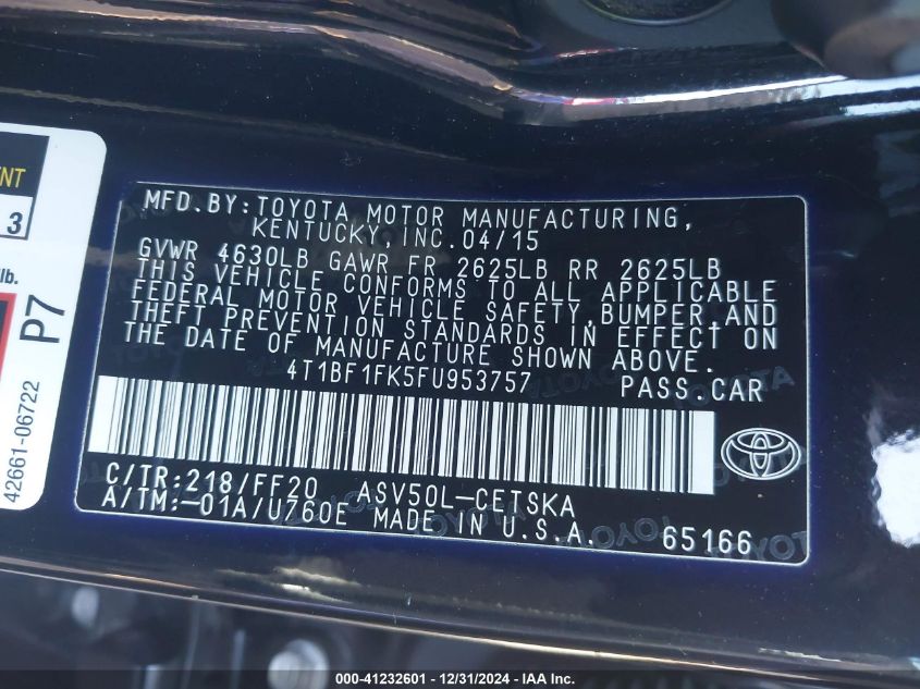 VIN 4T1BF1FK5FU953757 2015 Toyota Camry, SE no.9