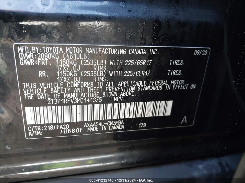 VIN 2T3P1RFV3MC141375 2021 TOYOTA RAV4 no.9