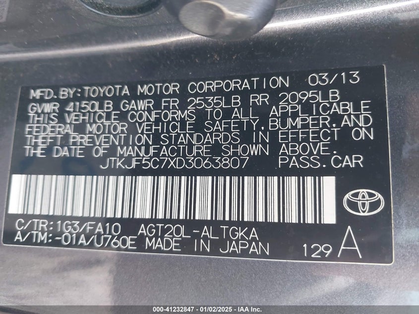 2013 SCION TC VIN: JTKJF5C7XD3063807