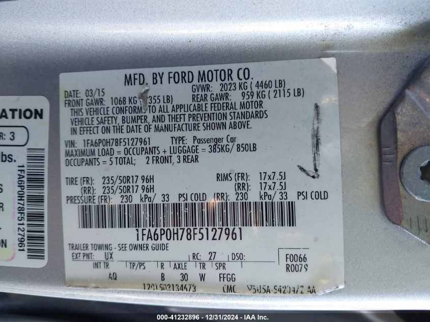 VIN 1FA6P0H78F5127961 2015 Ford Fusion, SE no.9