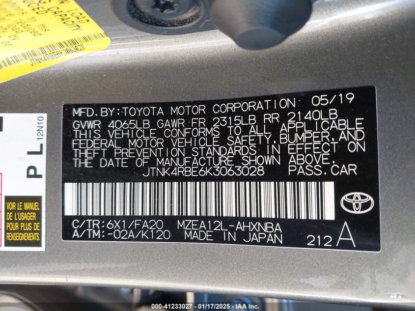 2019 TOYOTA COROLLA VIN: JTNK4RBE6K3063028