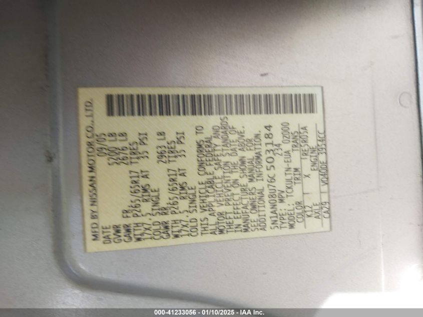 2006 Nissan Xterra Se VIN: 5N1AN08U76C503184 Lot: 41233056