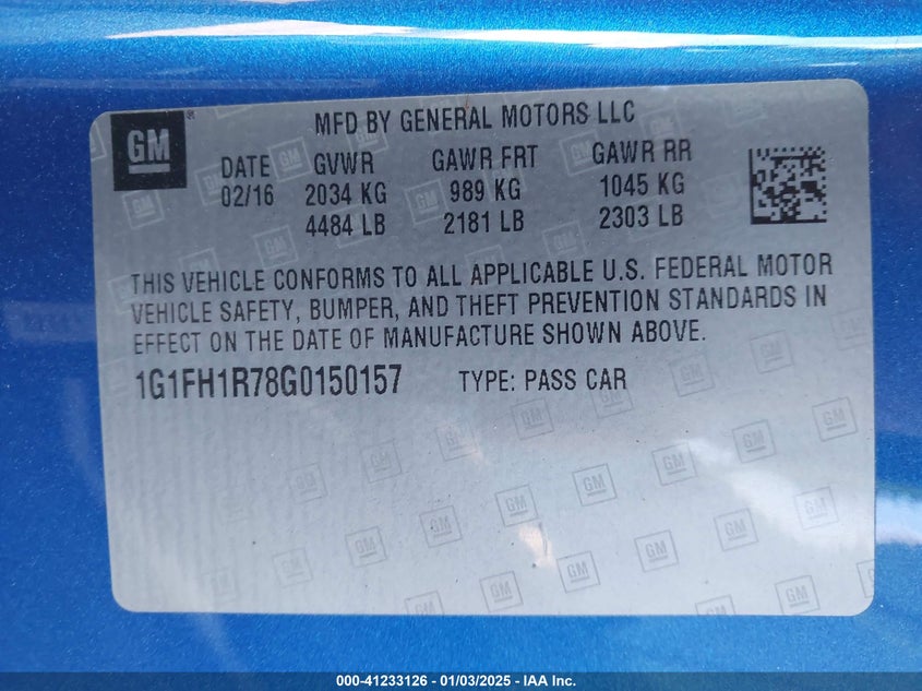2016 CHEVROLET CAMARO VIN: 1G1FH1R78G0150157