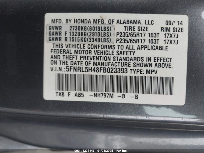 VIN 5FNRL5H48FB023393 2015 Honda Odyssey, EX no.9