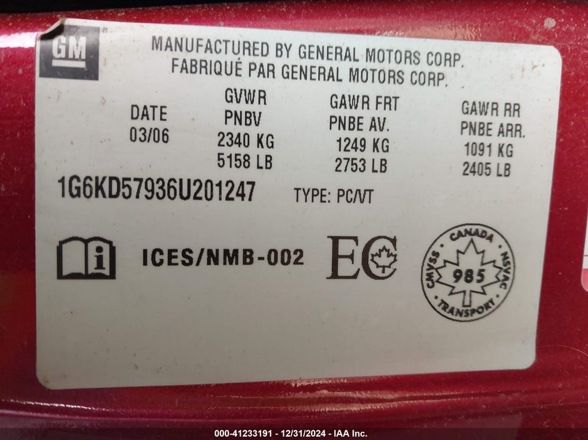 2006 Cadillac Dts Performance VIN: 1G6KD57936U201247 Lot: 41233191