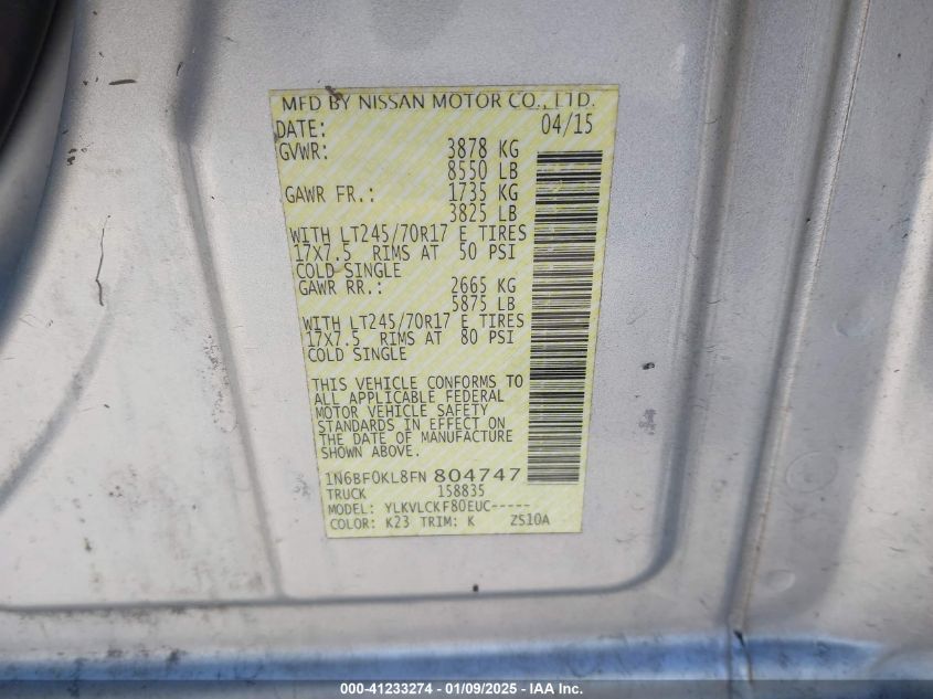 2015 Nissan Nv Cargo Nv1500 S V6 VIN: 1N6BF0KL8FN804747 Lot: 41233274