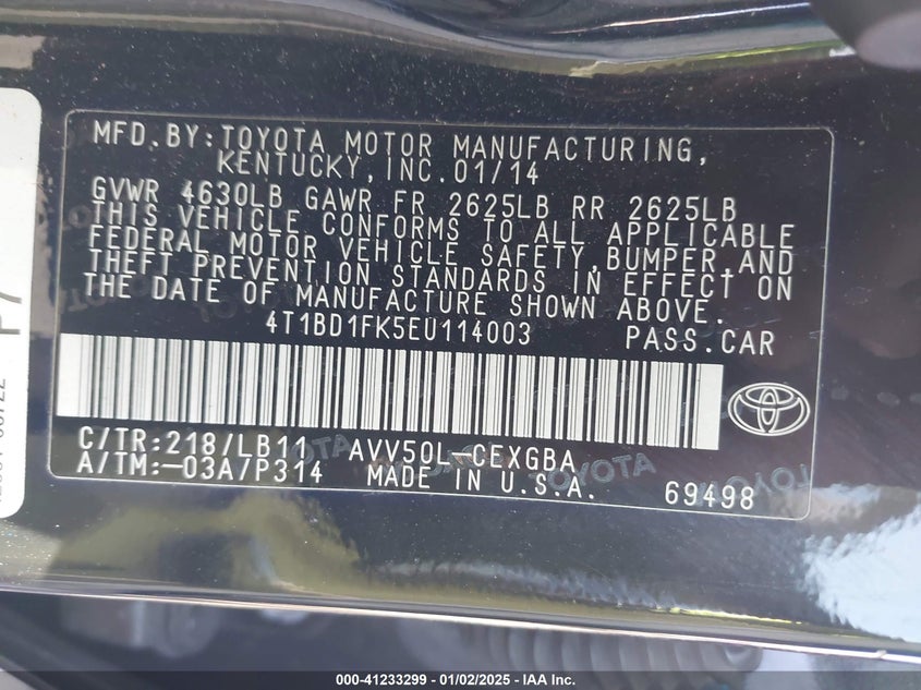 2014 TOYOTA CAMRY HYBRID VIN: 4T1BD1FK5EU114003