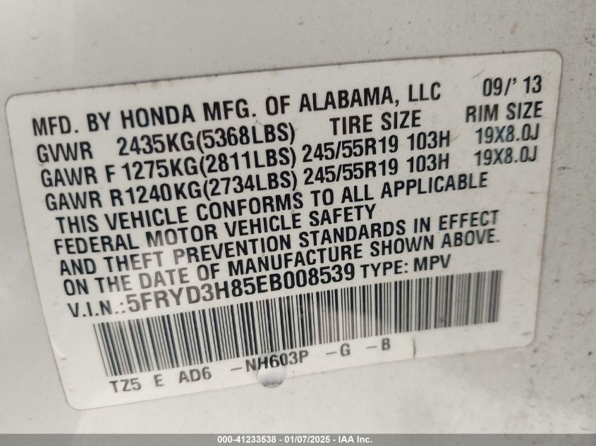 VIN 5FRYD3H85EB008539 2014 Acura MDX, Advance Pkg W... no.9