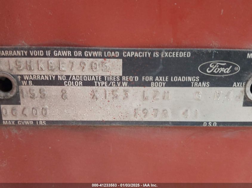 1978 Ford F150 VIN: X15HKBE7905 Lot: 41233583
