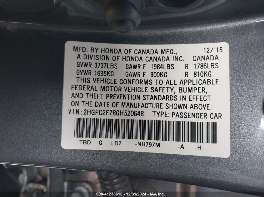 VIN 2HGFC2F78GH520648 2016 Honda Civic, EX no.9