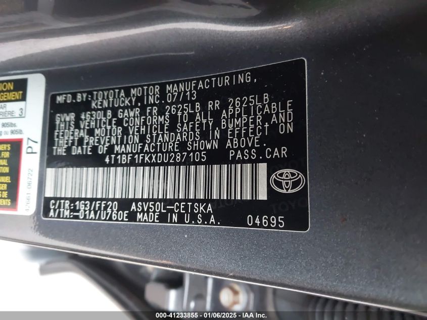 VIN 4T1BF1FKXDU287105 2013 Toyota Camry, SE no.9