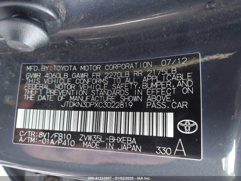 2012 TOYOTA PRIUS PLUG-IN VIN: JTDKN3DPXC3022819