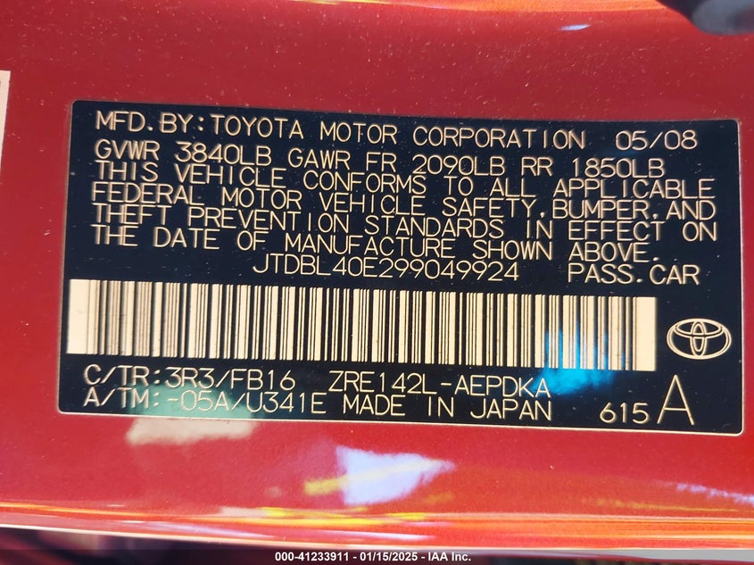 2009 TOYOTA COROLLA VIN: JTDBL40E299049924