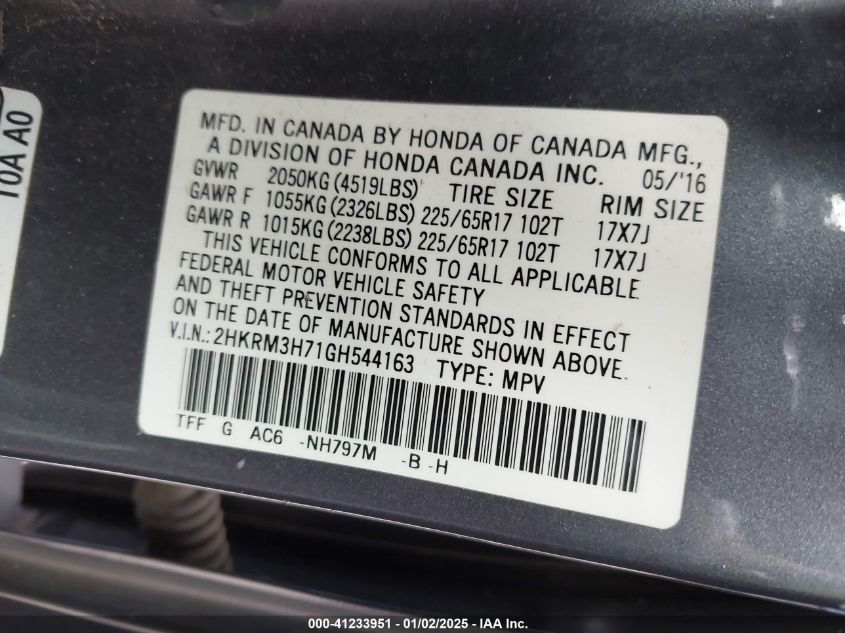 VIN 2HKRM3H71GH544163 2016 Honda CR-V, Ex-L no.9