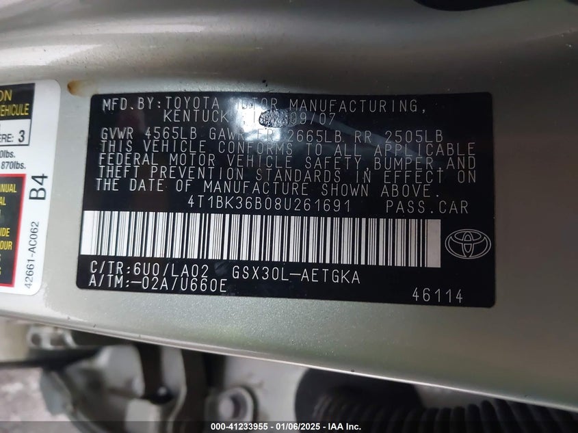 2008 TOYOTA AVALON VIN: 4T1BK36B08U261691