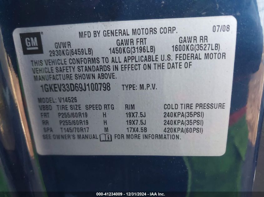 2009 GMC Acadia Slt-2 VIN: 1GKEV33D69J100798 Lot: 41234009