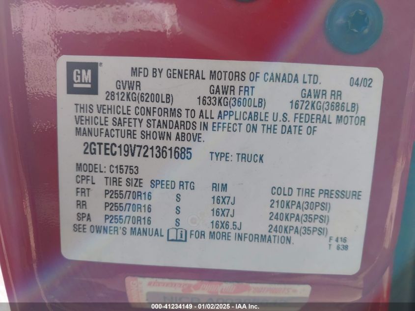 2002 GMC Sierra 1500 Sle VIN: 2GTEC19V721361685 Lot: 41234149