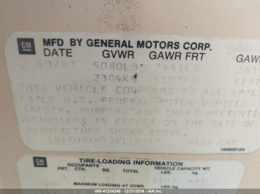 1988 Chevrolet Caprice Classic Brougham VIN: 1G1BU51H1JA116312 Lot: 41234249