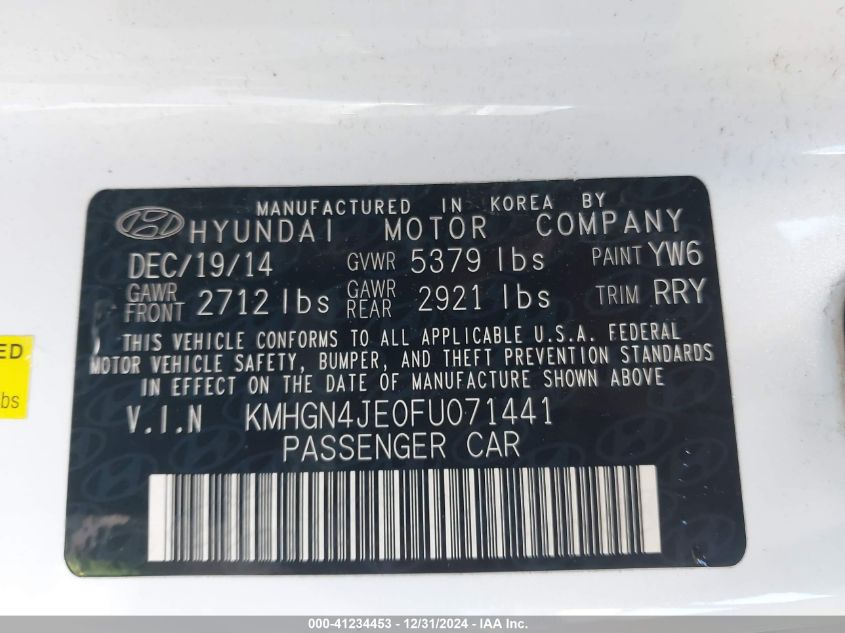 VIN KMHGN4JE0FU071441 2015 Hyundai Genesis, 3.8 no.9