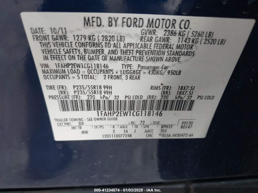 2012 Ford Taurus Sel VIN: 1FAHP2EW1CG118146 Lot: 41234574