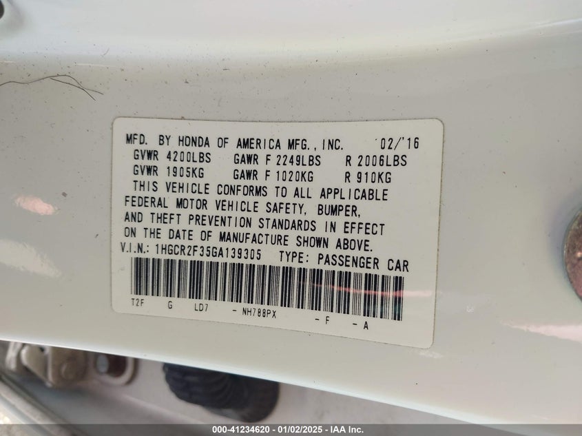 2016 HONDA ACCORD VIN: 1HGCR2F35GA139305