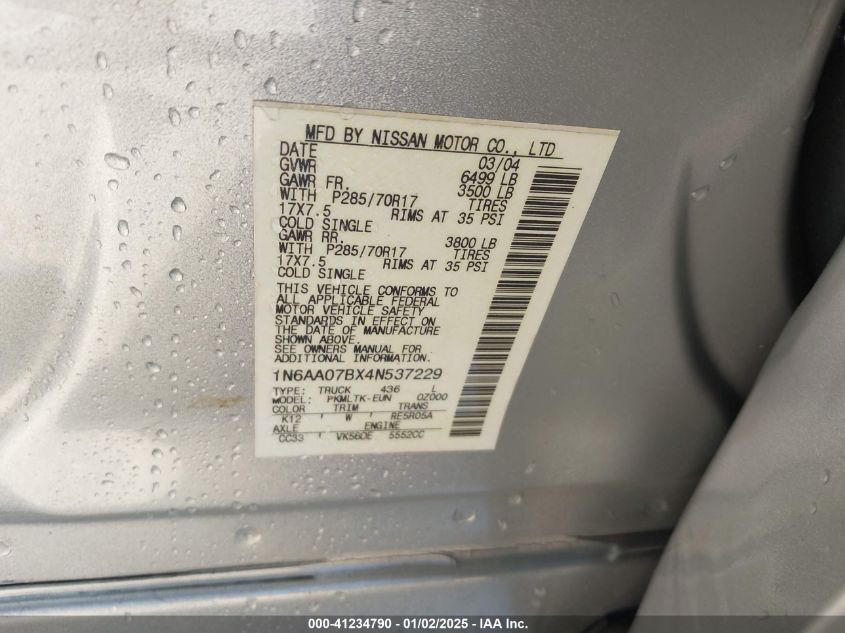 2004 Nissan Titan Se VIN: 1N6AA07BX4N537229 Lot: 41234790