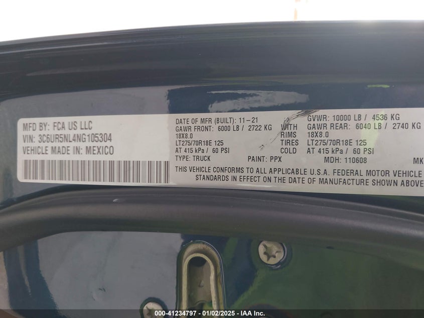 2022 RAM 2500 VIN: 3C6UR5NL4NG105304